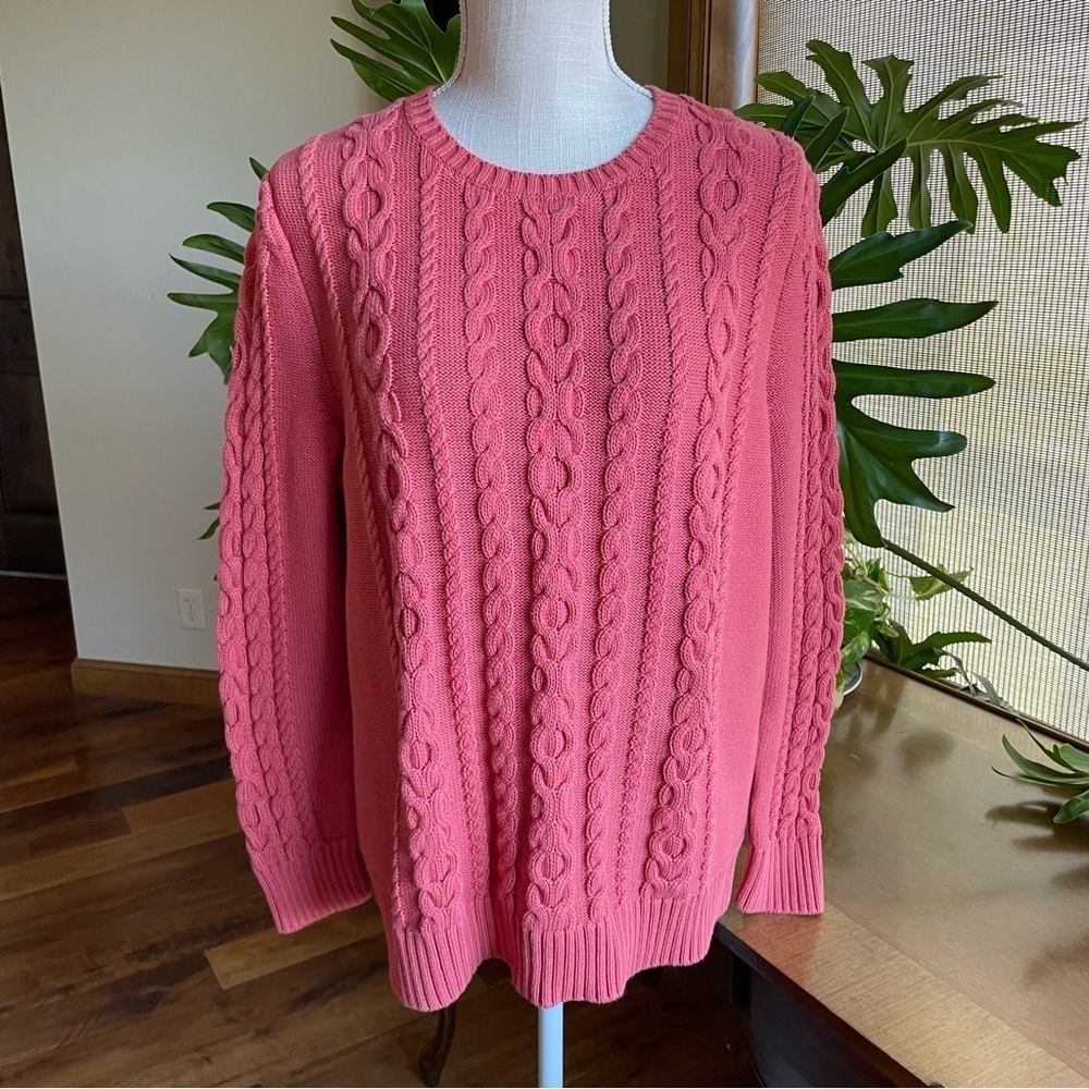 L. L. Bean Coral Cotton Crew Neck Cable Knit Fisherman Sweater size 1X